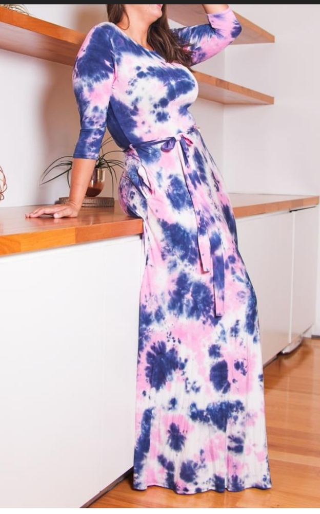 Tie dye maxi dress pink blue gender reveal with pockets